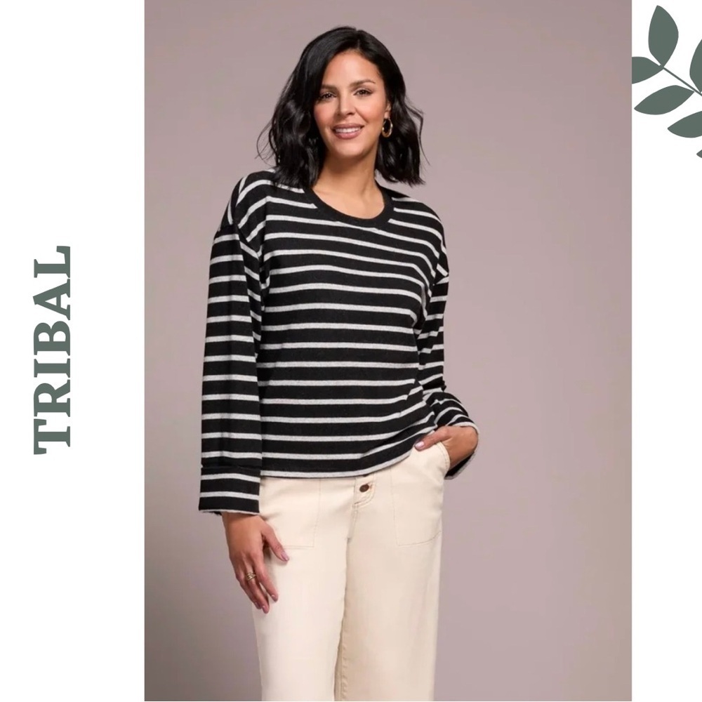 Tribal Black Cream Stripe Knit Top Small NWT